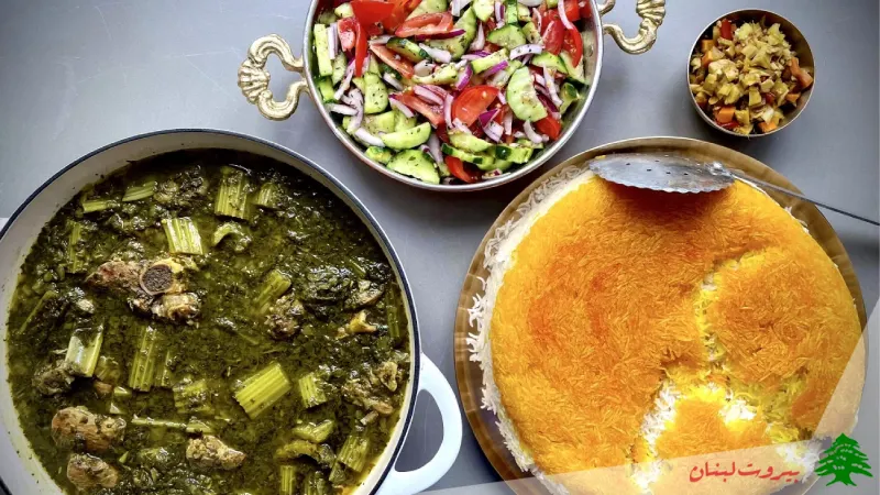 خورش کرفس با برنج و سالاد