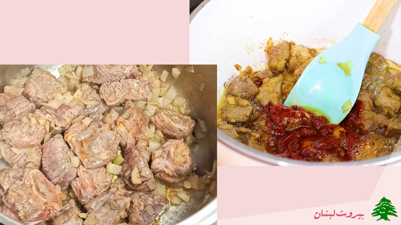 تفت دادن گوشت و رب گوجه فرنگی